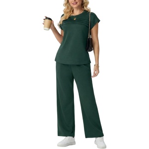 image:imageGRECERELLE Two Piece Set for Women Summer Cap Sleeve Tops Wide Leg Pants Lounge Sets Vacation Travel Outfits with PocketDark Green