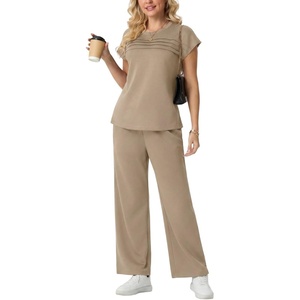 image:imageGRECERELLE Two Piece Set for Women Summer Cap Sleeve Tops Wide Leg Pants Lounge Sets Vacation Travel Outfits with PocketKhaki
