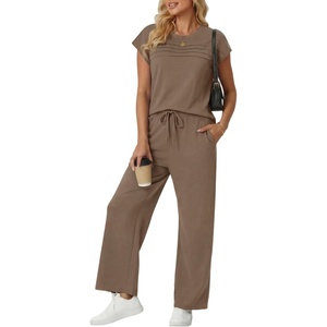 image:imageGRECERELLE Two Piece Set for Women Summer Cap Sleeve Tops Wide Leg Pants Lounge Sets Vacation Travel Outfits with PocketLight Coffee