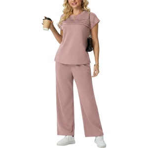 image:imageGRECERELLE Two Piece Set for Women Summer Cap Sleeve Tops Wide Leg Pants Lounge Sets Vacation Travel Outfits with PocketRose Pink
