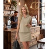 image:imageGRECERELLE Womens 2026 Summer 2 Piece Skort Sets Cap Sleeve Zip Collared Top Matching Tennis Skirt with Pockets for AthleticKhaki