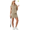 image:imageGRECERELLE Womens 2026 Summer 2 Piece Skort Sets Cap Sleeve Zip Collared Top Matching Tennis Skirt with Pockets for AthleticKhaki