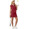 image:imageGRECERELLE Womens 2026 Summer 2 Piece Skort Sets Cap Sleeve Zip Collared Top Matching Tennis Skirt with Pockets for AthleticWine Red