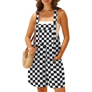 image:imageGRECERELLE Jumpsuits For Women Summer Short Overalls Casual Sleeveless Adjustable Loose Womens Rompers with Pockets 2026Black White Plaid