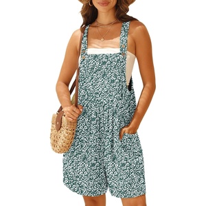 image:imageGRECERELLE Jumpsuits For Women Summer Short Overalls Casual Sleeveless Adjustable Loose Womens Rompers with Pockets 2026Green White Flower