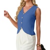 image:imageGRECERELLE Womens Summer Sleeveless V Neck Sweater Vest Knit Tank Top  Button Front Closure Crochet Knit Design Casual Style Cropped Fit Versatile Layering for Office TravelDenim Blue