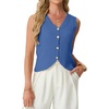 image:imageGRECERELLE Womens Summer Sleeveless V Neck Sweater Vest Knit Tank Top  Button Front Closure Crochet Knit Design Casual Style Cropped Fit Versatile Layering for Office TravelDenim Blue