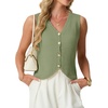 image:imageGRECERELLE Womens Summer Sleeveless V Neck Sweater Vest Knit Tank Top  Button Front Closure Crochet Knit Design Casual Style Cropped Fit Versatile Layering for Office TravelArmy Green