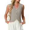 image:imageGRECERELLE Womens Summer Sleeveless V Neck Sweater Vest Knit Tank Top  Button Front Closure Crochet Knit Design Casual Style Cropped Fit Versatile Layering for Office TravelSmoky Gray