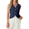 image:imageGRECERELLE Womens Summer Sleeveless V Neck Sweater Vest Knit Tank Top  Button Front Closure Crochet Knit Design Casual Style Cropped Fit Versatile Layering for Office TravelNavy Blue