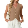 image:imageGRECERELLE Womens Summer Sleeveless V Neck Sweater Vest Knit Tank Top  Button Front Closure Crochet Knit Design Casual Style Cropped Fit Versatile Layering for Office TravelKhaki