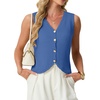 image:imageGRECERELLE Womens Summer Sleeveless V Neck Sweater Vest Knit Tank Top  Button Front Closure Crochet Knit Design Casual Style Cropped Fit Versatile Layering for Office TravelDenim Blue