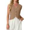image:imageGRECERELLE Womens Summer Sleeveless V Neck Sweater Vest Knit Tank Top  Button Front Closure Crochet Knit Design Casual Style Cropped Fit Versatile Layering for Office TravelKhaki