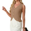image:imageGRECERELLE Womens Summer Sleeveless V Neck Sweater Vest Knit Tank Top  Button Front Closure Crochet Knit Design Casual Style Cropped Fit Versatile Layering for Office TravelKhaki