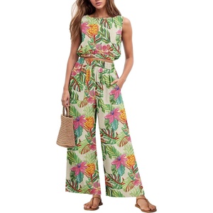 image:imageGRECERELLE Two Piece Sets for Women Sleeveless Crop Top Wide Leg Pants Sweat Set for Women Tracksuits 2026 SummerAc Pineapple Palm