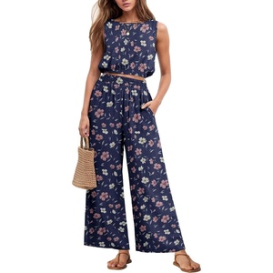 image:imageGRECERELLE Two Piece Sets for Women Sleeveless Crop Top Wide Leg Pants Sweat Set for Women Tracksuits 2026 SummerBlue Pink Wh Flower