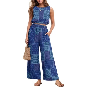 image:imageGRECERELLE Two Piece Sets for Women Sleeveless Crop Top Wide Leg Pants Sweat Set for Women Tracksuits 2026 SummerBlue Purple Patch