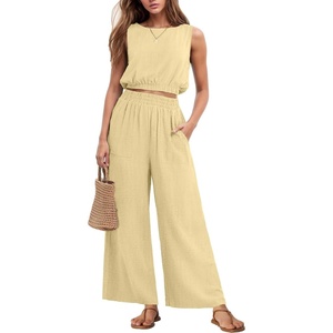 image:imageGRECERELLE Two Piece Sets for Women Sleeveless Crop Top Wide Leg Pants Sweat Set for Women Tracksuits 2026 SummerButter Yellow