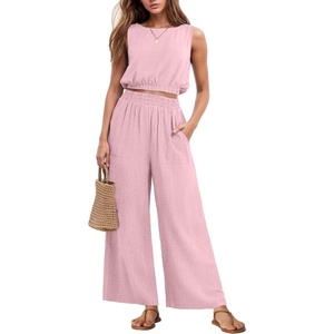 image:imageGRECERELLE Two Piece Sets for Women Sleeveless Crop Top Wide Leg Pants Sweat Set for Women Tracksuits 2026 SummerPink