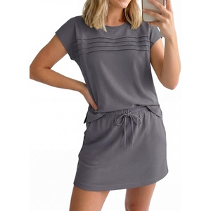image:imageGRECERELLE Two Piece Skort Sets for Women Summer Crew Neck Cap Sleeve Top Tennis Skirt Set Athletic Matching SetsDark Gray