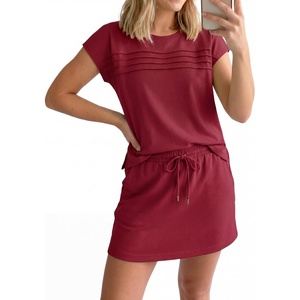 image:imageGRECERELLE Two Piece Skort Sets for Women Summer Crew Neck Cap Sleeve Top Tennis Skirt Set Athletic Matching SetsWine Red