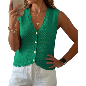image:imageGRECERELLE Womens Summer Sleeveless V Neck Sweater Vest Knit Tank Top  Button Front Closure Crochet Knit Design Casual Style Cropped Fit Versatile Layering for Office TravelBright Green