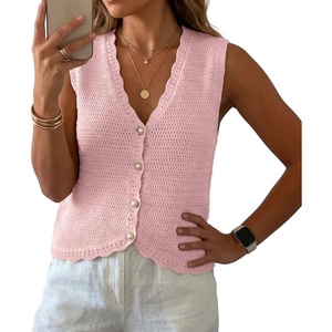image:imageGRECERELLE Womens Summer Sleeveless V Neck Sweater Vest Knit Tank Top  Button Front Closure Crochet Knit Design Casual Style Cropped Fit Versatile Layering for Office TravelPink White