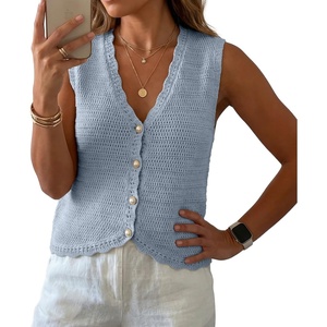 image:imageGRECERELLE Womens Summer Sleeveless V Neck Sweater Vest Knit Tank Top  Button Front Closure Crochet Knit Design Casual Style Cropped Fit Versatile Layering for Office TravelLight Blue