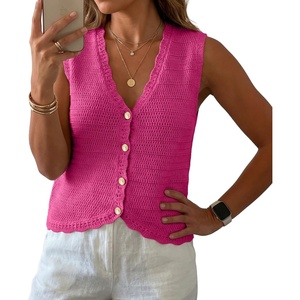 image:imageGRECERELLE Womens Summer Sleeveless V Neck Sweater Vest Knit Tank Top  Button Front Closure Crochet Knit Design Casual Style Cropped Fit Versatile Layering for Office TravelHot Pink