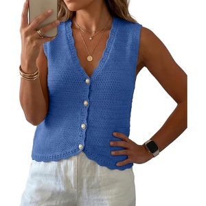 image:imageGRECERELLE Womens Summer Sleeveless V Neck Sweater Vest Knit Tank Top  Button Front Closure Crochet Knit Design Casual Style Cropped Fit Versatile Layering for Office TravelDenim Blue