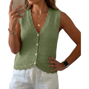 image:imageGRECERELLE Womens Summer Sleeveless V Neck Sweater Vest Knit Tank Top  Button Front Closure Crochet Knit Design Casual Style Cropped Fit Versatile Layering for Office TravelArmy Green