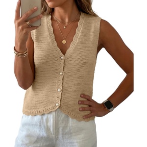 image:imageGRECERELLE Womens Summer Sleeveless V Neck Sweater Vest Knit Tank Top  Button Front Closure Crochet Knit Design Casual Style Cropped Fit Versatile Layering for Office TravelApricot