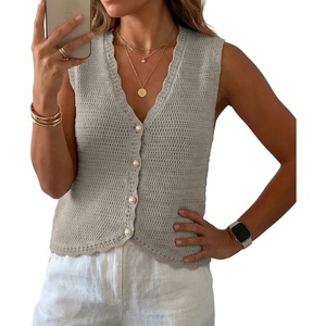 image:imageGRECERELLE Womens Summer Sleeveless V Neck Sweater Vest Knit Tank Top  Button Front Closure Crochet Knit Design Casual Style Cropped Fit Versatile Layering for Office TravelSmoky Gray