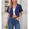 image:imageGRECERELLE Womens Summer Lightweight Cropped Cardigan Shrug  Short Sleeve Casual Bolero Shrugs Open Front Cover Ups for Dresses V Neck Trendy Layering TopsDark Blue