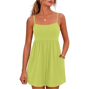 image:imageGRECERELLE Cotton Summer Rompers for Women 2026 Athleisure Jumpsuit Shorts  with Pockets  Casual Athletic  Adjustable Spaghetti Strap  Tennis  Square neck  Beach Vacation Daily WearLemon Yellow