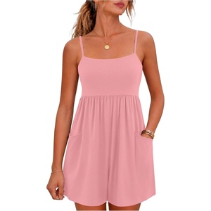 image:imageGRECERELLE Cotton Summer Rompers for Women 2026 Athleisure Jumpsuit Shorts  with Pockets  Casual Athletic  Adjustable Spaghetti Strap  Tennis  Square neck  Beach Vacation Daily WearPeach Pink