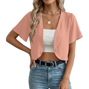 image:imageGRECERELLE Womens Summer Lightweight Cropped Cardigan Shrug  Short Sleeve Casual Bolero Shrugs Open Front Cover Ups for Dresses V Neck Trendy Layering TopsPink