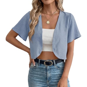 image:imageGRECERELLE Womens Summer Lightweight Cropped Cardigan Shrug  Short Sleeve Casual Bolero Shrugs Open Front Cover Ups for Dresses V Neck Trendy Layering TopsHaze Blue