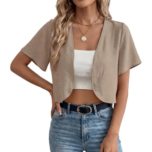 image:imageGRECERELLE Womens Summer Lightweight Cropped Cardigan Shrug  Short Sleeve Casual Bolero Shrugs Open Front Cover Ups for Dresses V Neck Trendy Layering TopsLight Khaki