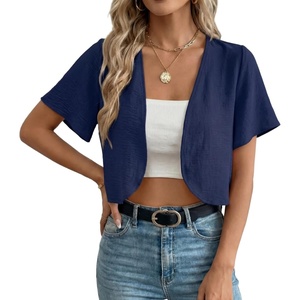 image:imageGRECERELLE Womens Summer Lightweight Cropped Cardigan Shrug  Short Sleeve Casual Bolero Shrugs Open Front Cover Ups for Dresses V Neck Trendy Layering TopsDark Blue