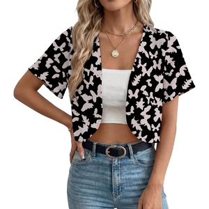 image:imageGRECERELLE Womens Summer Lightweight Cropped Cardigan Shrug  Short Sleeve Casual Bolero Shrugs Open Front Cover Ups for Dresses V Neck Trendy Layering TopsBlack Butterfly