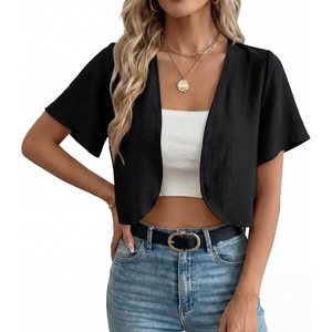 image:imageGRECERELLE Womens Summer Lightweight Cropped Cardigan Shrug  Short Sleeve Casual Bolero Shrugs Open Front Cover Ups for Dresses V Neck Trendy Layering TopsBlack