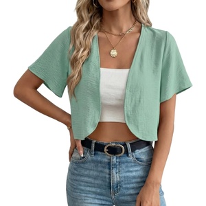 image:imageGRECERELLE Womens Summer Lightweight Cropped Cardigan Shrug  Short Sleeve Casual Bolero Shrugs Open Front Cover Ups for Dresses V Neck Trendy Layering TopsMint Green