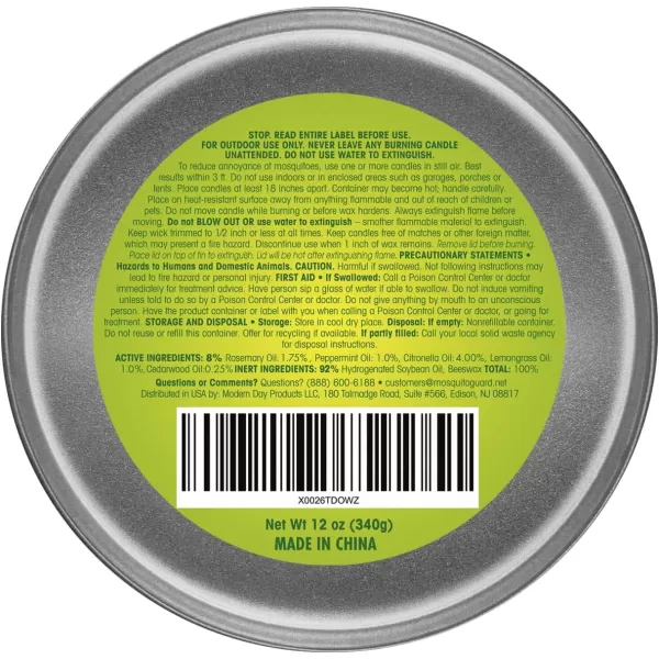 Mosquito Guard 12oz Mosquito Repellent Outdoor Patio Candle - Burns 35 Hours - Citronella Candles Outdoor Mosquito Repellent Indoors - Natural Mosquito Candles for Outside - Bug Repellent Candle