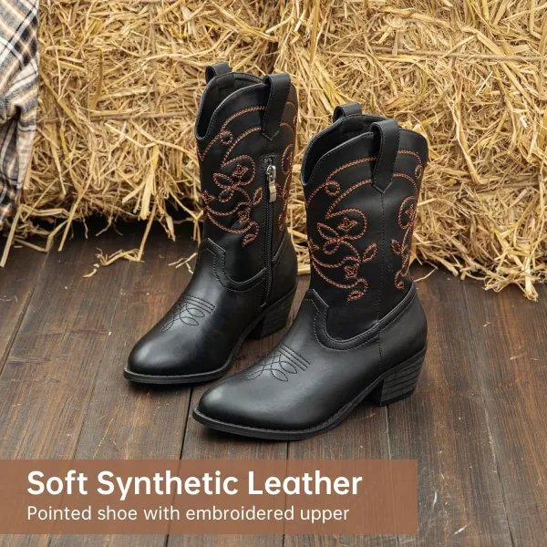 Girls Cowboy Boots Pull On Cowgirl Boots Pointed Toe Mid Calf Western Boots for Little Kid Big KidBlack