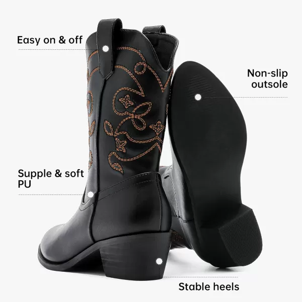 Girls Cowboy Boots Pull On Cowgirl Boots Pointed Toe Mid Calf Western Boots for Little Kid Big KidBlack