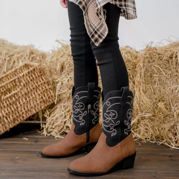 Girls Cowboy Boots Pull On Cowgirl Boots Pointed Toe Mid Calf Western Boots for Little Kid Big KidBlackBrown