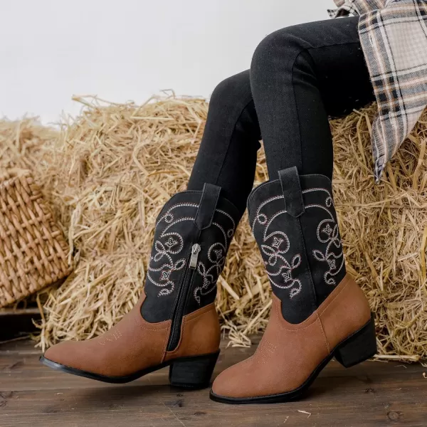 Girls Cowboy Boots Pull On Cowgirl Boots Pointed Toe Mid Calf Western Boots for Little Kid Big KidBlackBrown