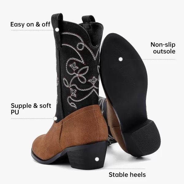 Girls Cowboy Boots Pull On Cowgirl Boots Pointed Toe Mid Calf Western Boots for Little Kid Big KidBlackBrown