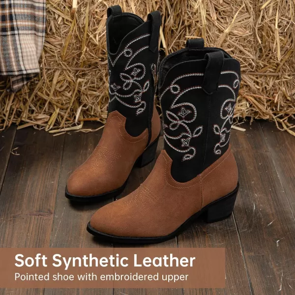 Girls Cowboy Boots Pull On Cowgirl Boots Pointed Toe Mid Calf Western Boots for Little Kid Big KidBlackBrown